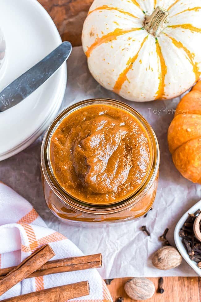 overhead shot of a jar of homemade pumpkin butter
