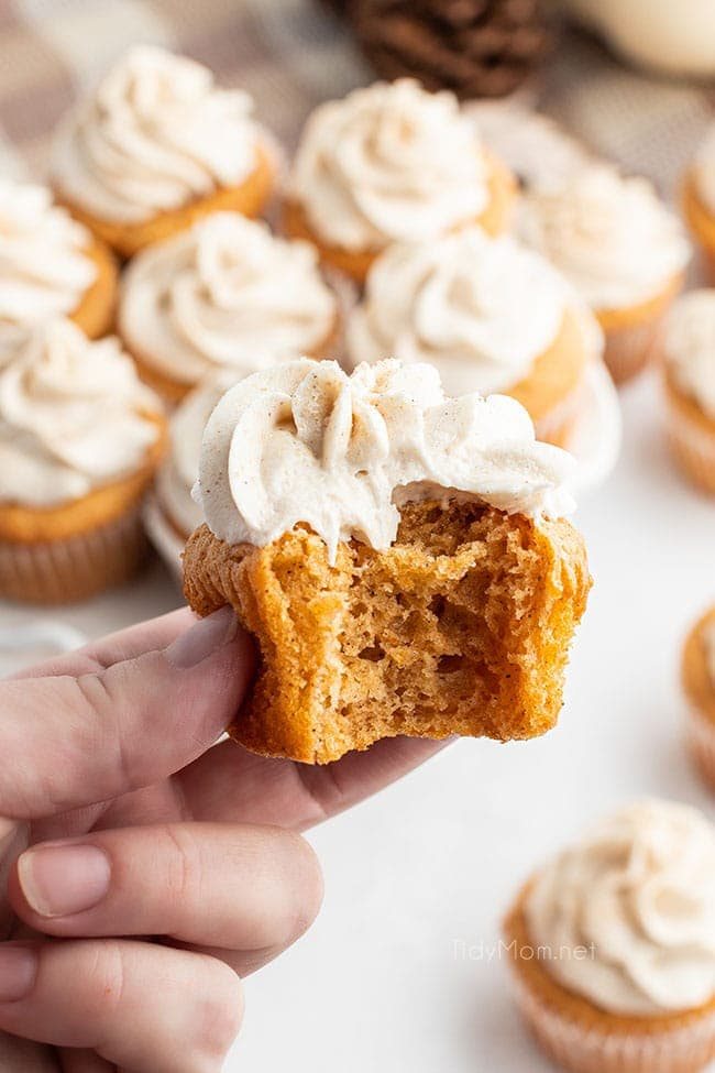 hand holding a cupcake with bite