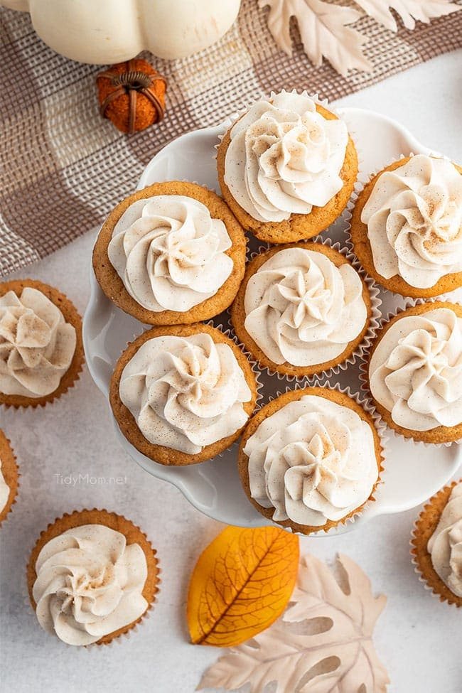 looking down at cupcakes on a cake stand
