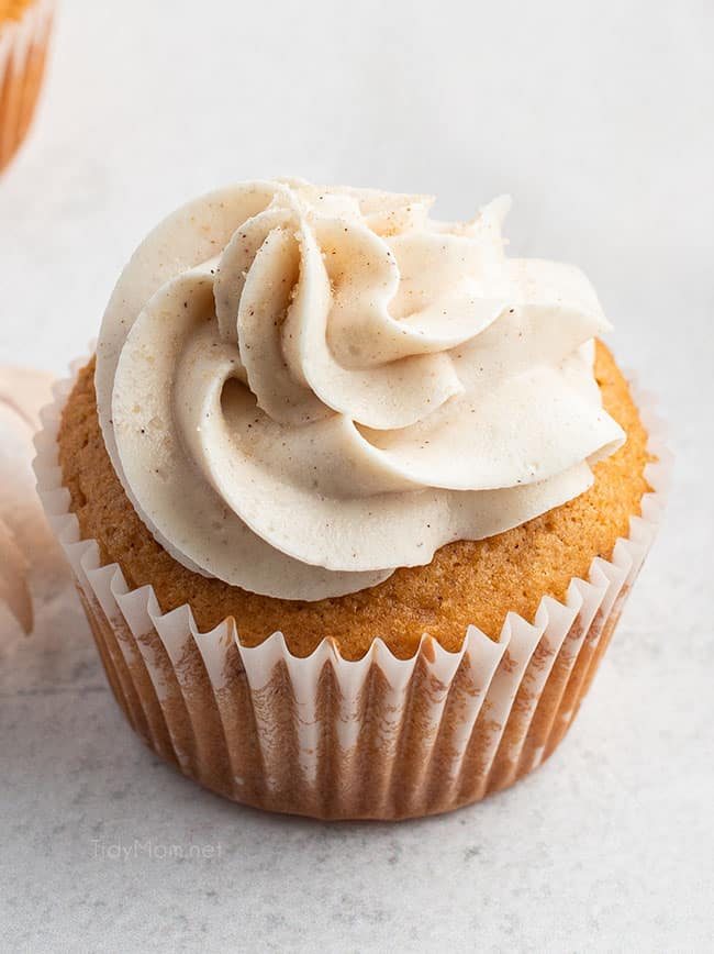 close up of cupcake with swirl of frosting