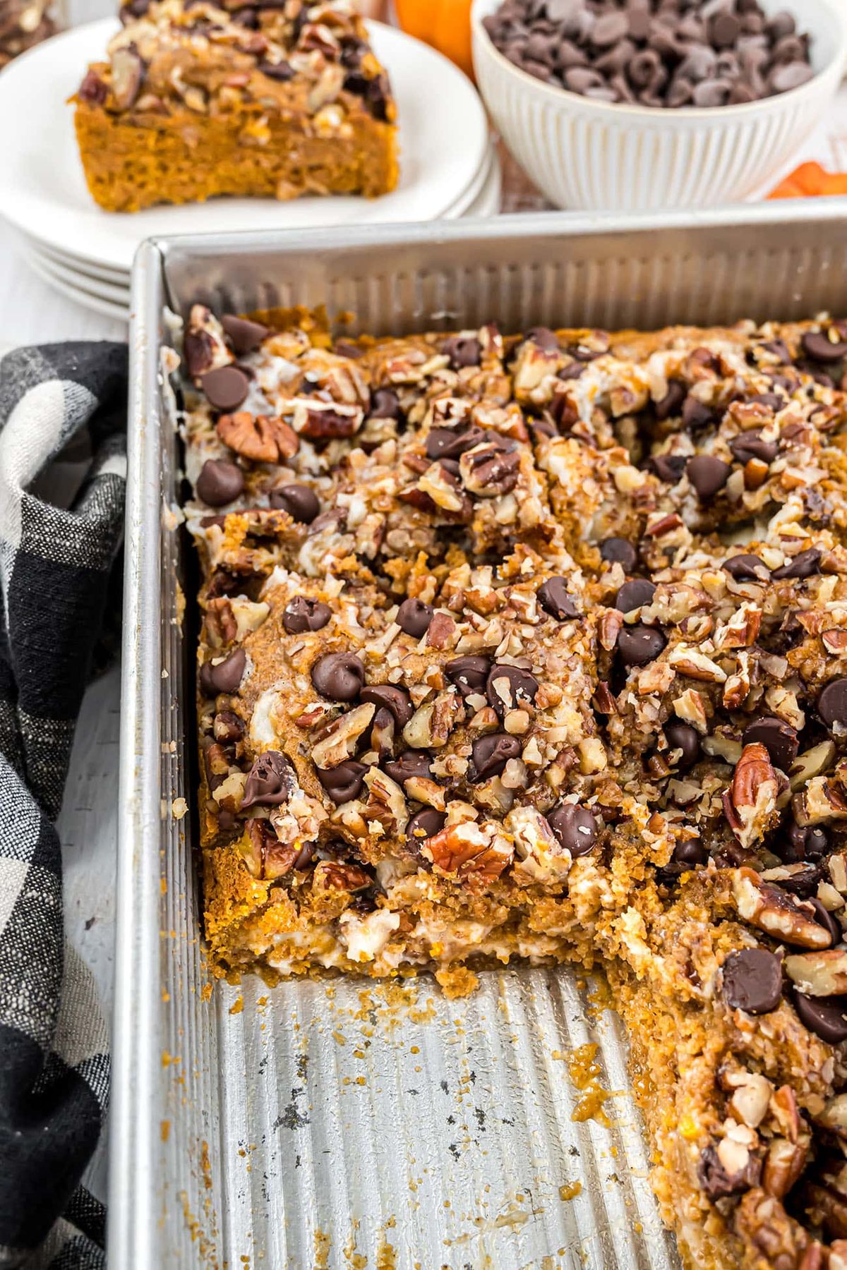 Pumpkin Earthquake dessert in a baking pan with a few servings gone