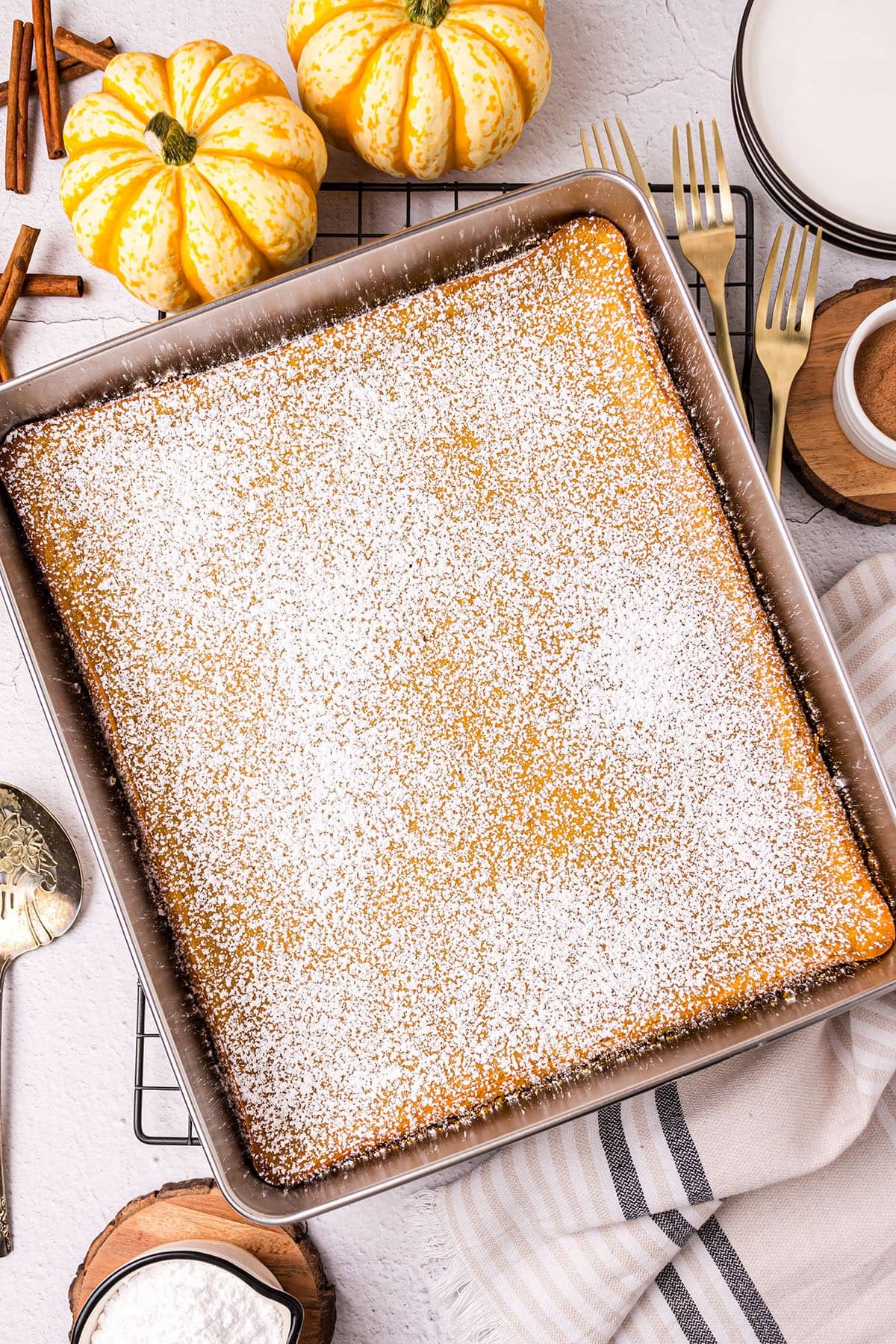 baked pumpkin gooey butter cake on a cooling rack with mini pumpkin in the background