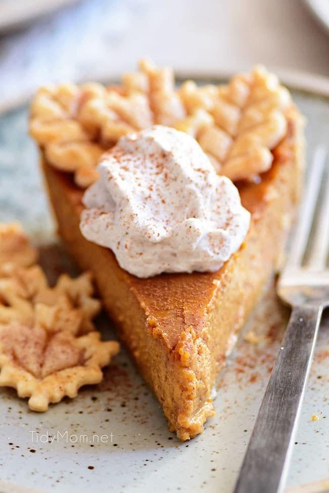 pumpkin pie slice with cinnamon whipped cream