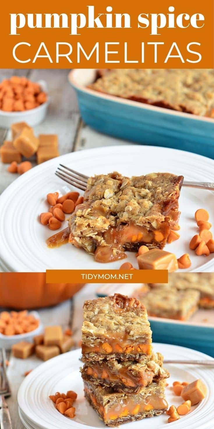 photo collage of carmelita bars on a plate and stacked
