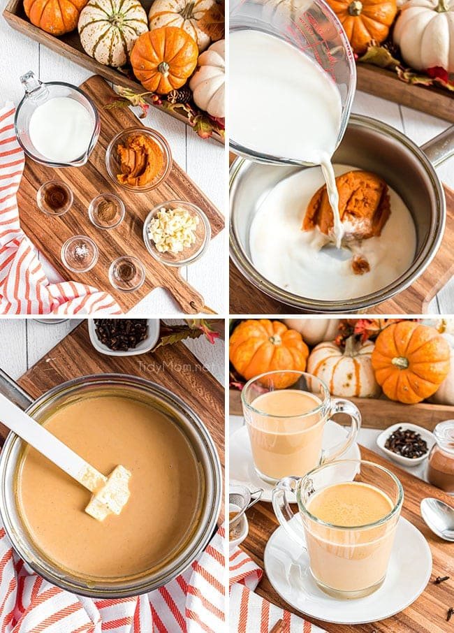 photo collage of how to make pumpkin hot chocolate