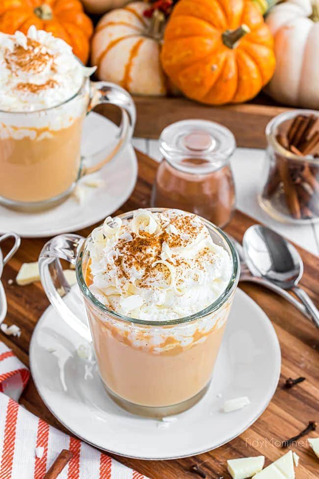 2 glass mugs of pumpkin spice hot chocolate with whipped cream