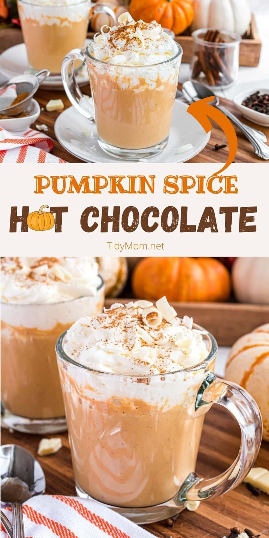pumpkin hot chocolate in a glass mug with whipped cream