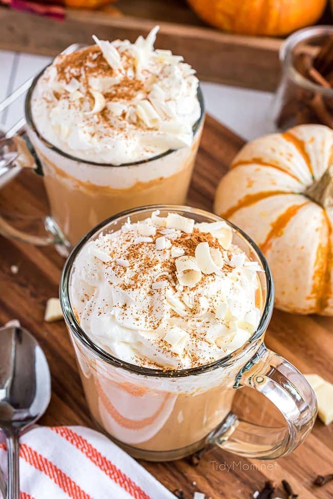 2 glass mugs of pumpkin spice hot chocolate
