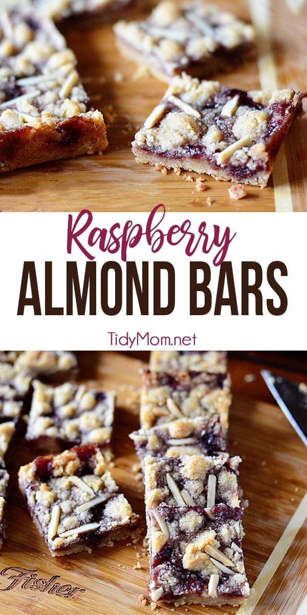 These Raspberry Almond Bars are sweet, tart, and totally satisfying. The perfect treat for snacks, school lunches or holiday cookie trays. The crumbly, buttery almond bar base is wonderful with any variety of jam that you like. Print the full recipes at cetcu.com #almondbars #raspberry
