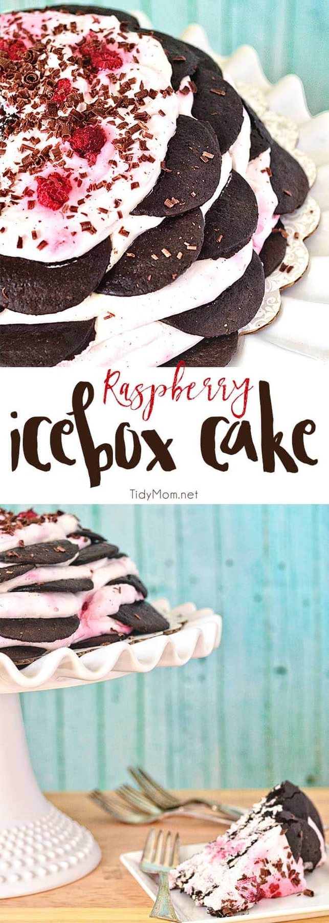 Raspberry Icebox cake is an easy, no-bake dessert with layer after layer of chocolate wafers and raspberry whipped cream. Get the full printable recipe at cetcu.com