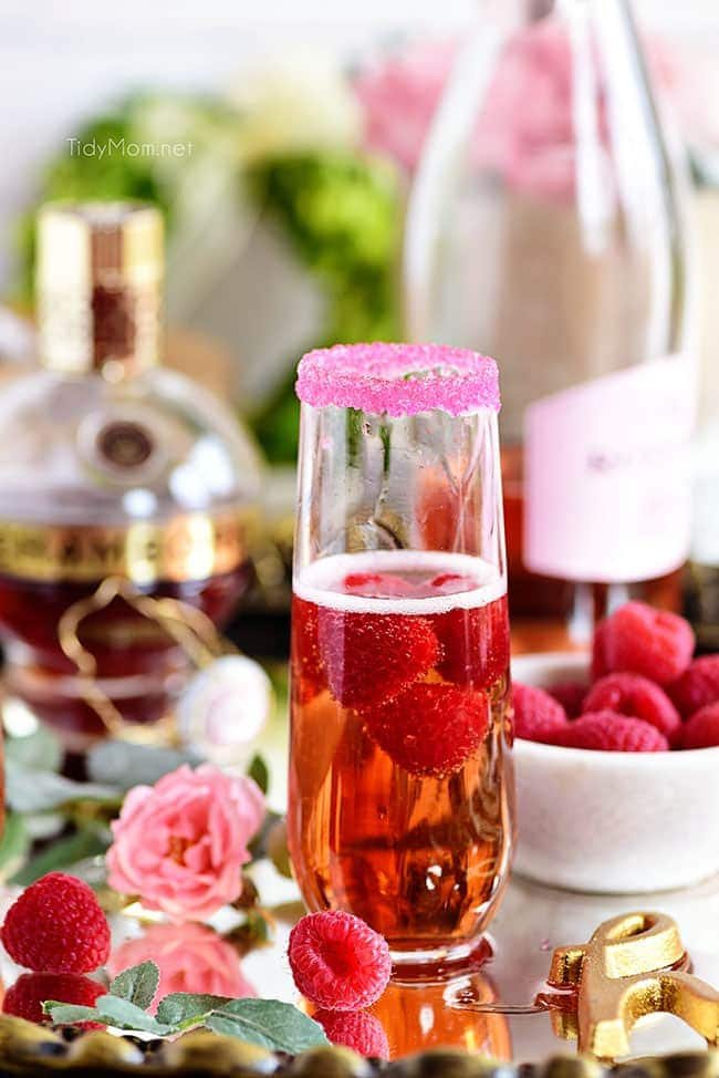 Raspberry Kir Royale cocktail in champagne flute