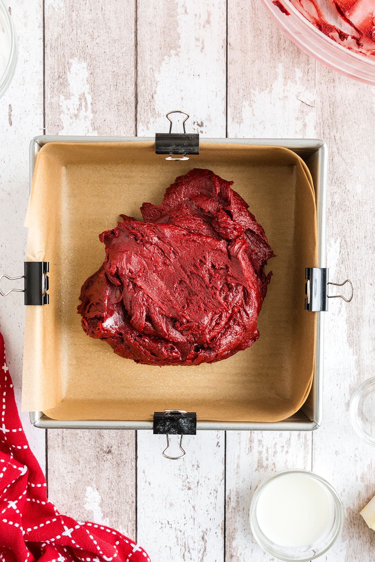 red velvet brownie batter in pan