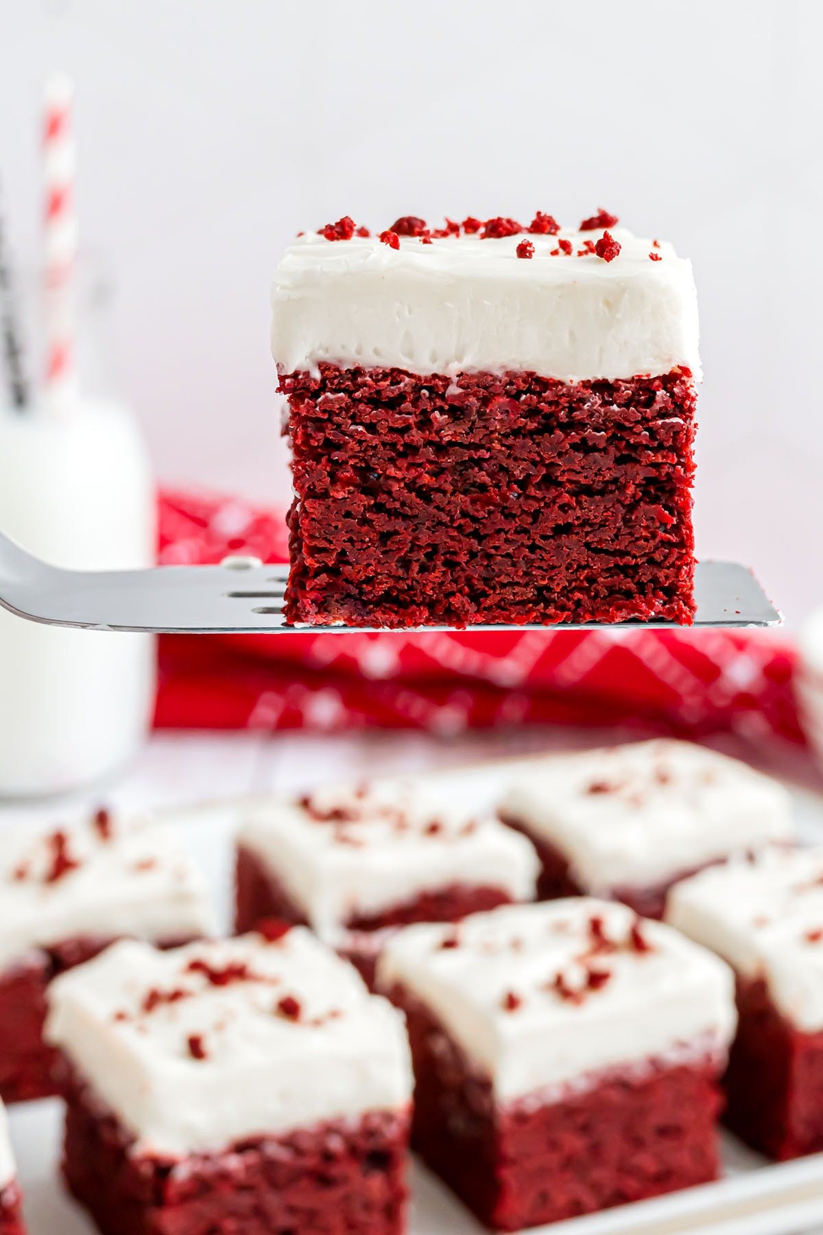red velvet brownie on a metal spatula