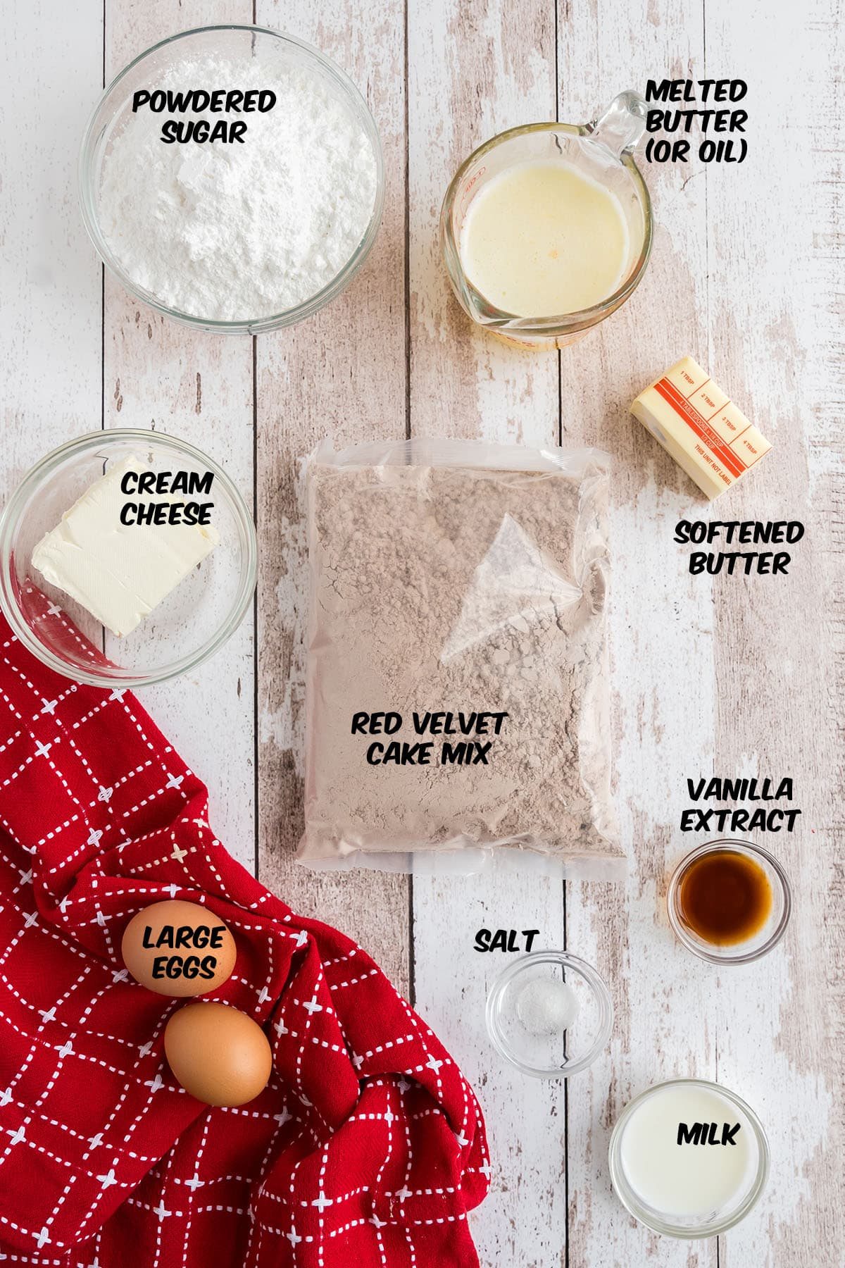 red velvet cake mix brownie ingredients on a counter