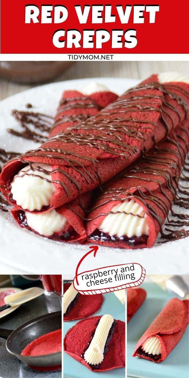red velvet crepes with cream filling on a white plate drizzled with Nutella