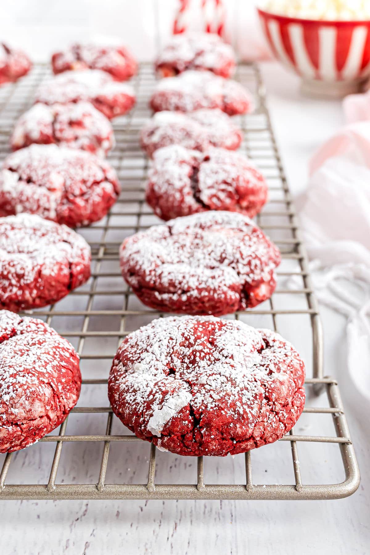red velvet cookies on cooling rack