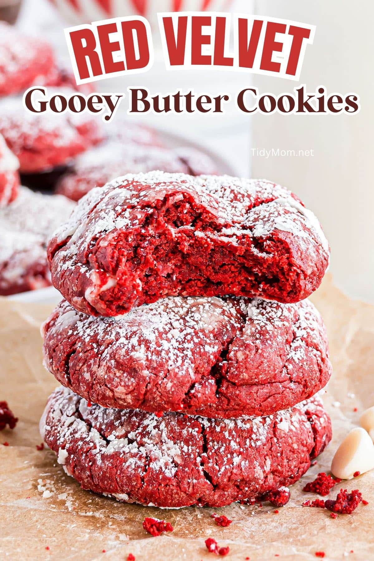 stack of three red velvet cookies