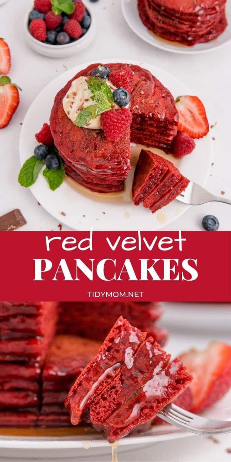 red velvet pancakes with a bit cut out