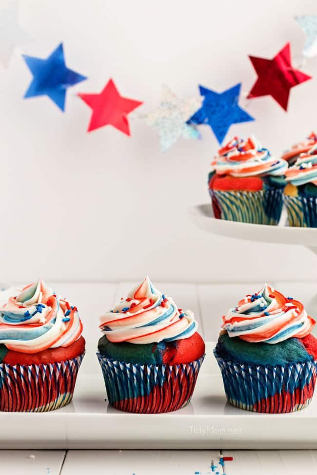 red white and blue cupcake on a platter