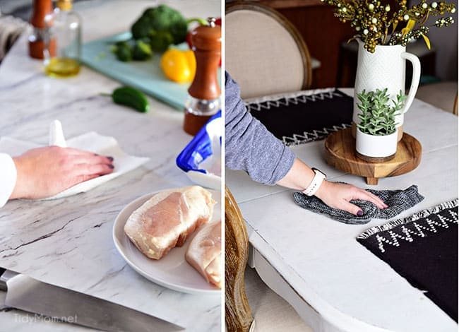 using a paper towel to clean germ filled messes in the kitchen
