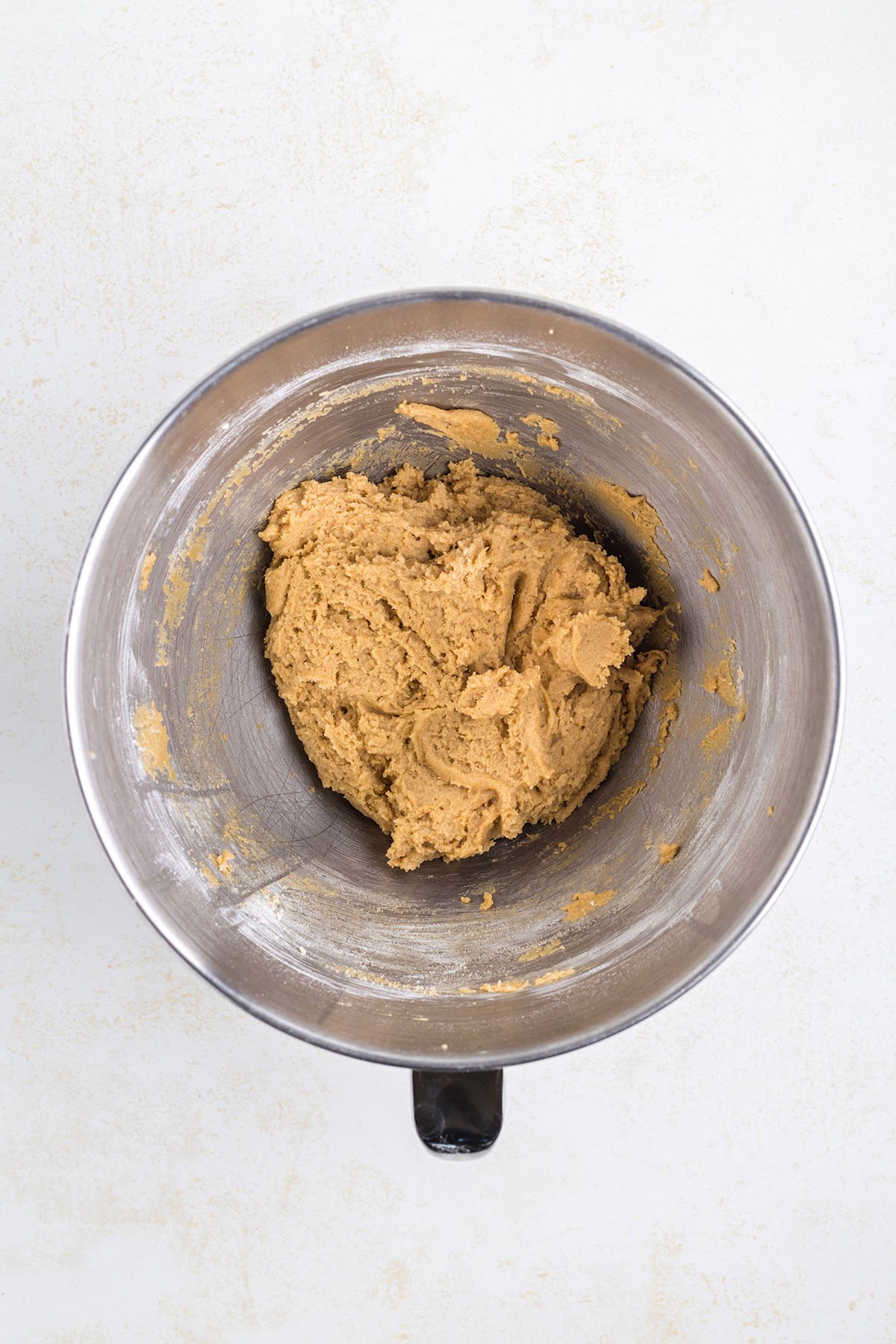 cookie dough in a mixer bowl