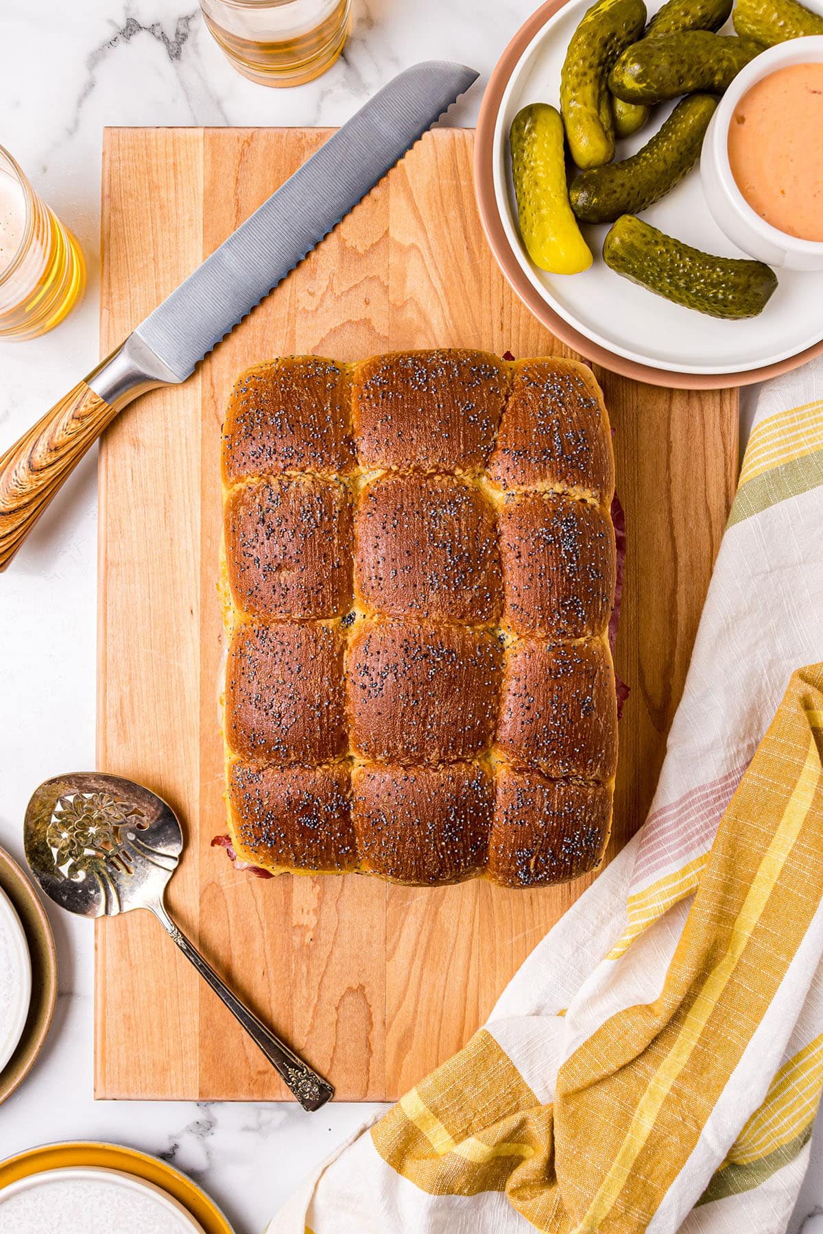 overhead shot of a loaf of baked party sliders