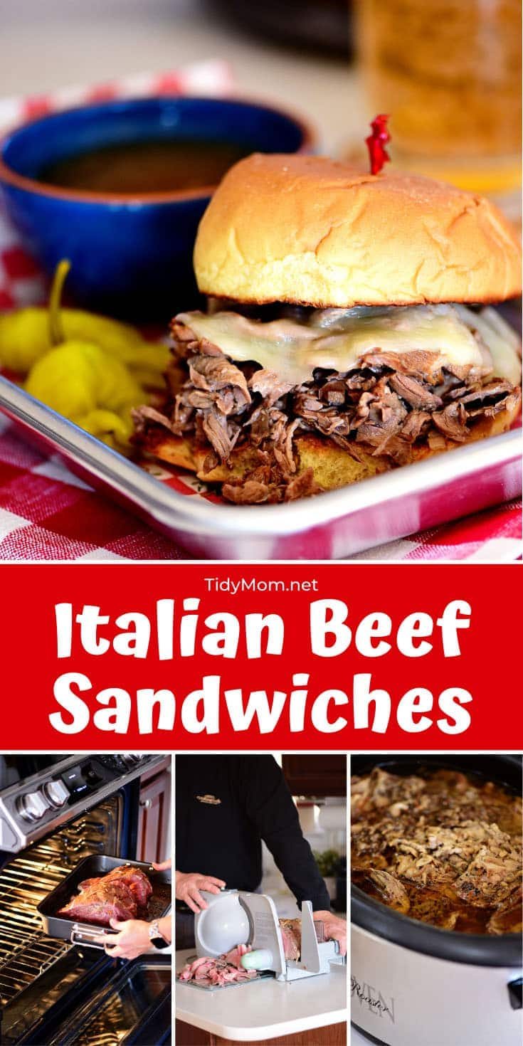 Italian beef sandwich with cheese and a bowl of au jus and pepperoncini
