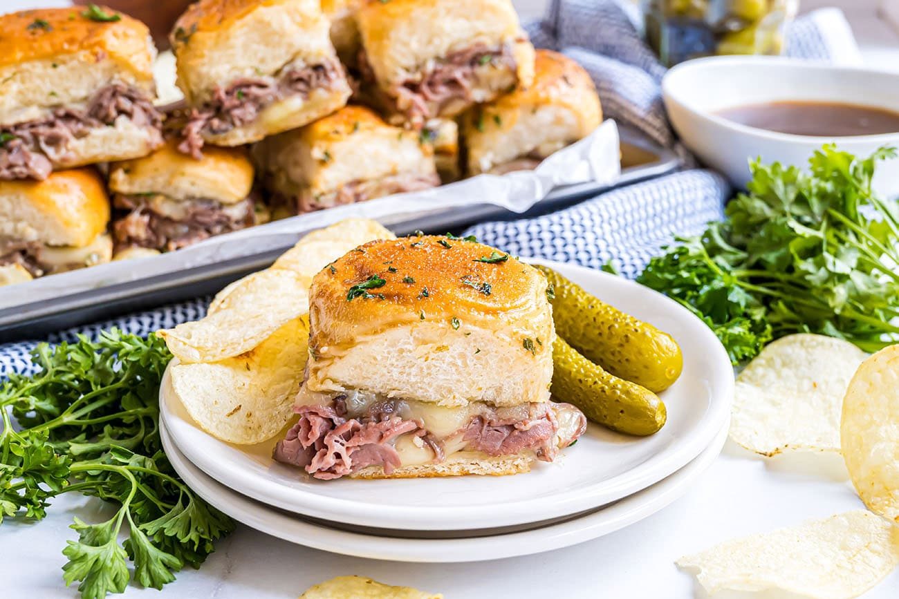 Golden baked Roast Beef Sliders with melted provolone cheese