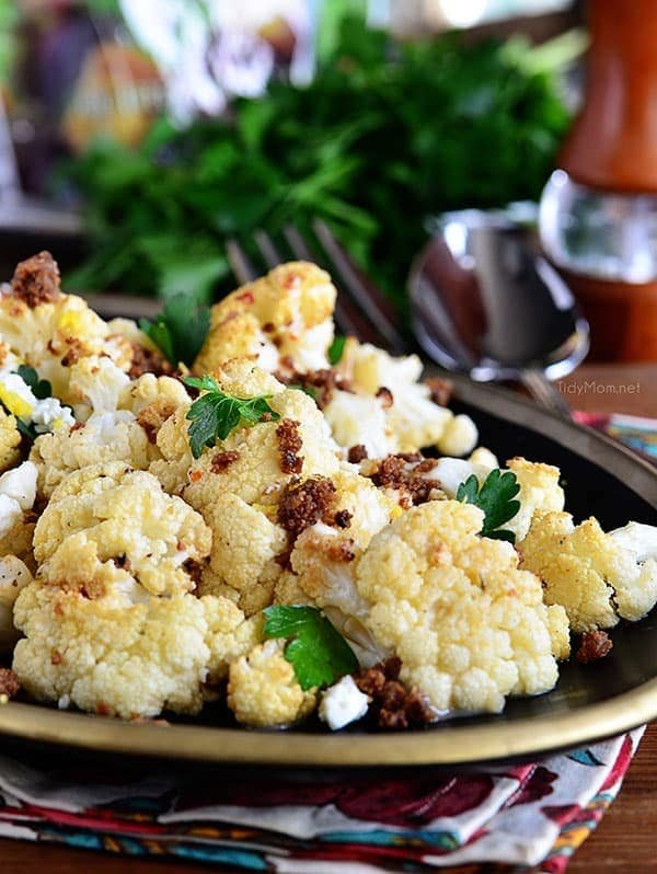 Roasted Cauliflower with browned butter crouton crumbs on a plate