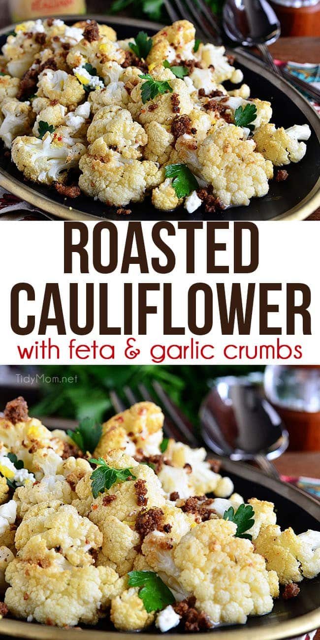 The BEST Roasted Cauliflower recipe with Italian dressing, feta cheese and browned butter crouton crumbs. Watch video + Print the full recipe at cetcu.com #cauliflower #roastedvegetables #sidedish #recipevideo #video