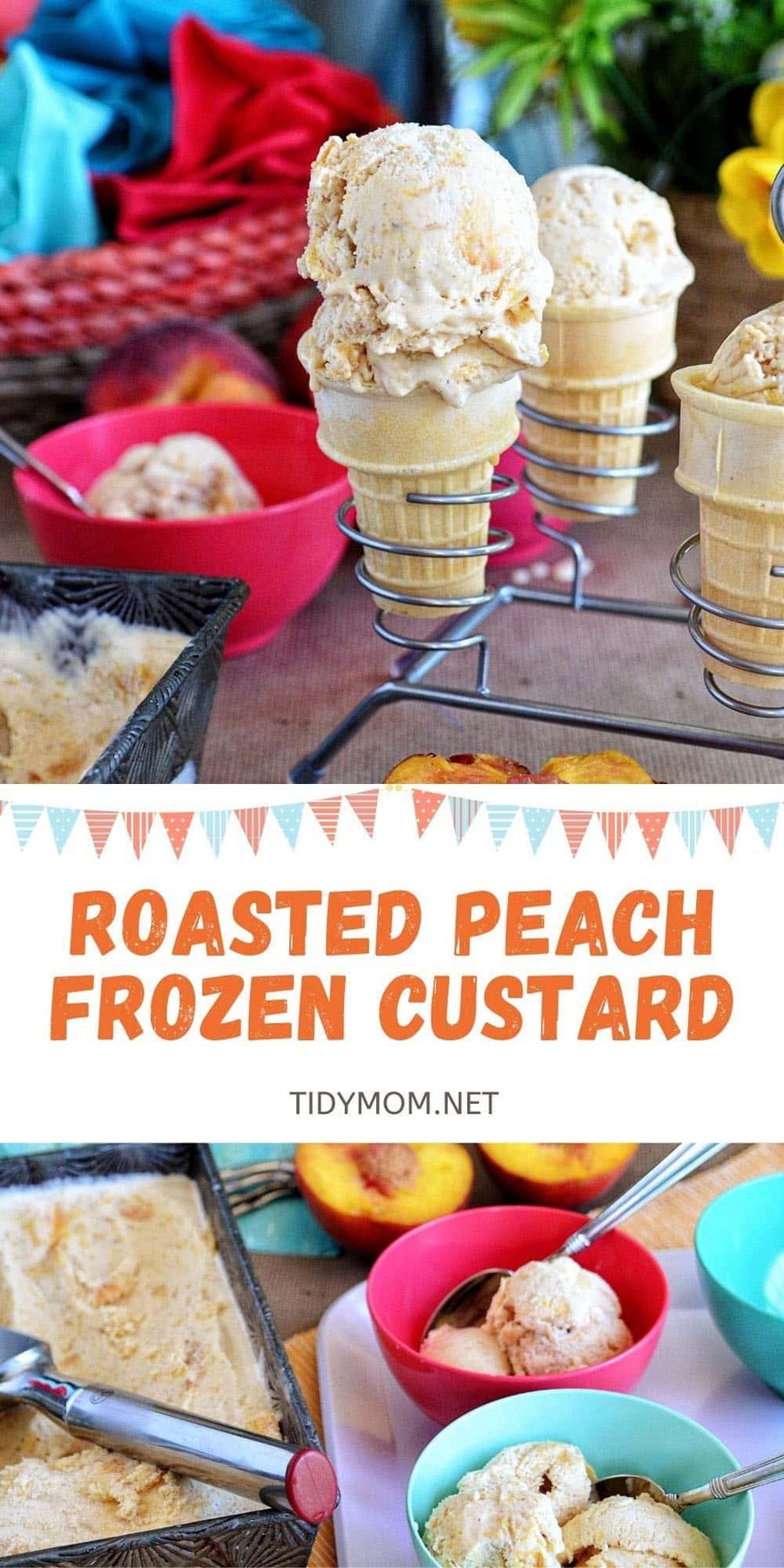 frozen custard in cones and colorful bowls