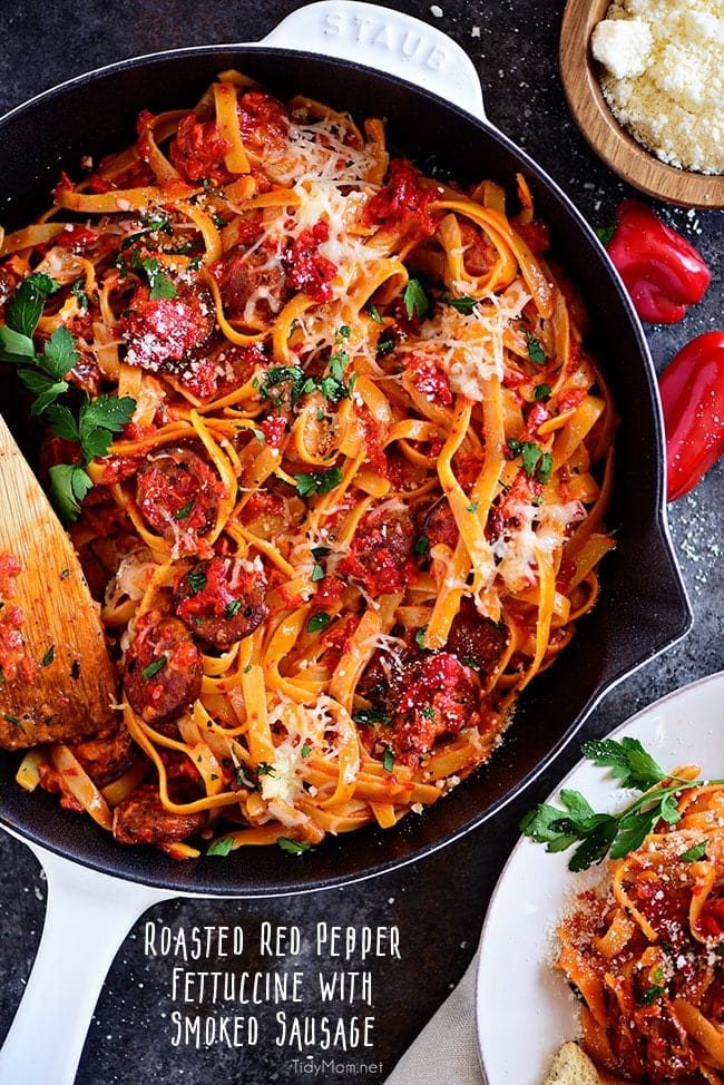 Roasted Red Pepper Fettuccine with Smoked Sausage