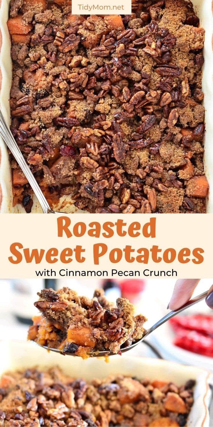 sweet potato casserole in a baking dish and on a spoon