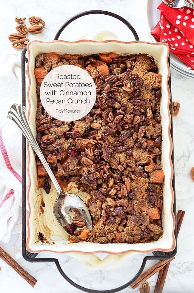 Roasted Sweet Potatoes with Cinnamon Pecan Crunch {VIDEO}