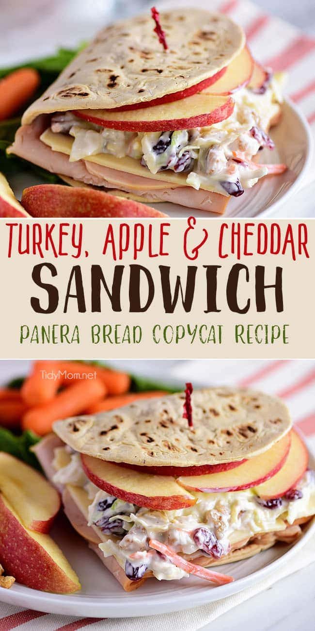 A favorite Panera restaurant sandwich gets a little healthier when you make it at home! Turkey, white cheddar, crisp apple slices, and a crunchy tangy slaw are slipped into a flatbread sandwich. This Turkey, Apple & Cheddar Sandwich is packed with flavor and makes a quick, easy and delicious meal! Print the full recipe at cetcu.com