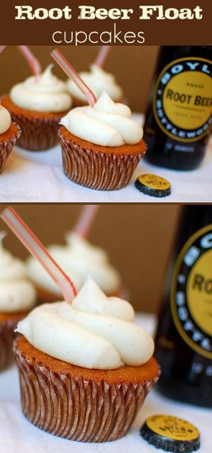 Vanilla Bean Frosting makes this Root Beer Cupcake tast just like a Root Beer Float! Recipe at cetcu.com