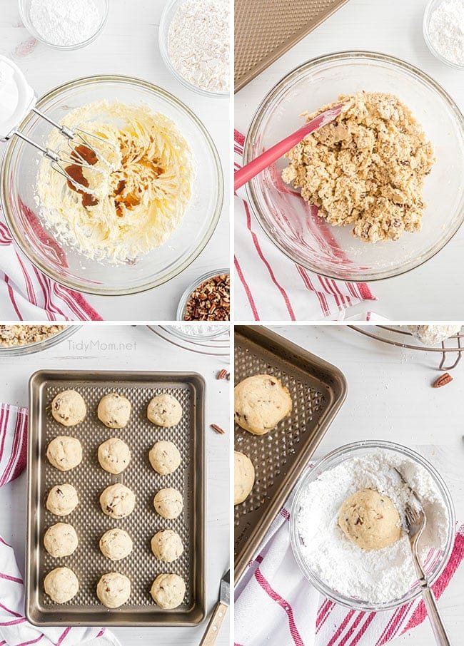 photo collage of how to make Russian tea cakes