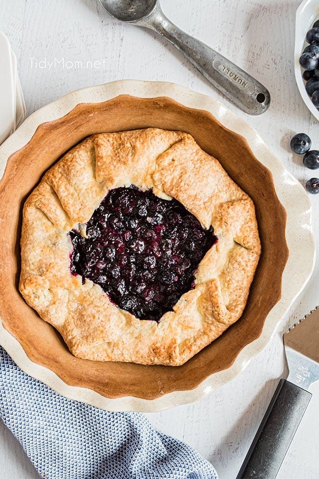 blueberry galette baked in a pie dish
