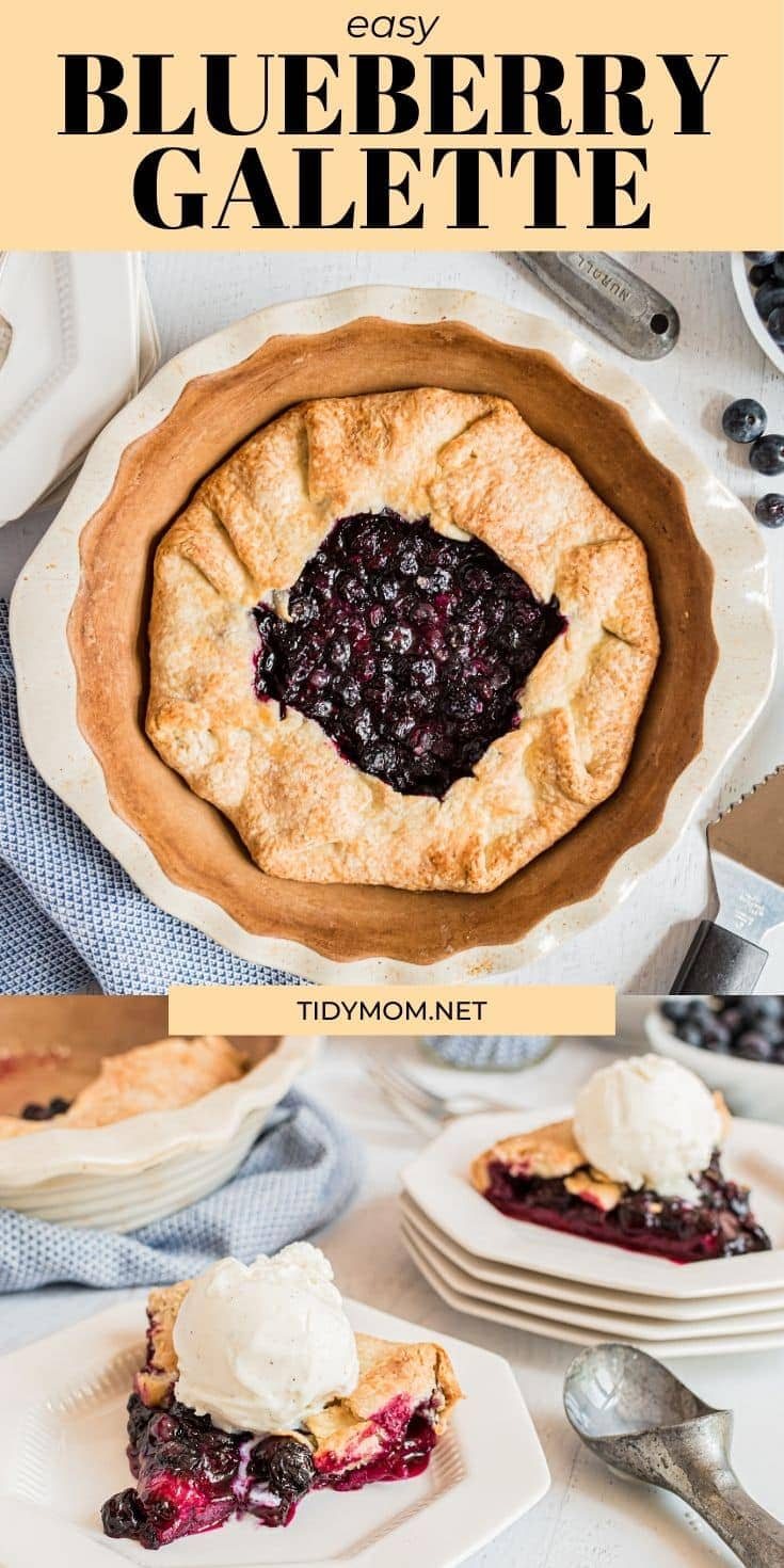 blueberry galette served with a scoop of vanilla ice cream on a white plate