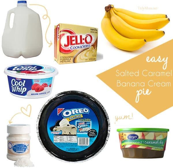 Easy Salted Caramel Banana Cream Pie with a chocolate oreo crust. Recipe at cetcu.com