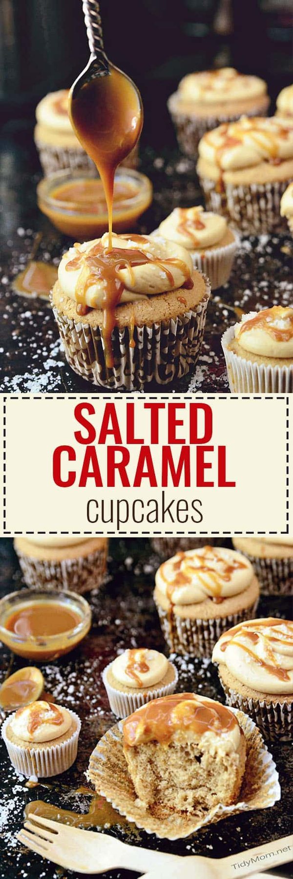 These CARAMEL CUPCAKES are topped with salted dulce de leche caramel frosting! One seriously sensational cupcake, similar to Sprinkles SALTED CARAMEL CUPCAKE. recipe at cetcu.com