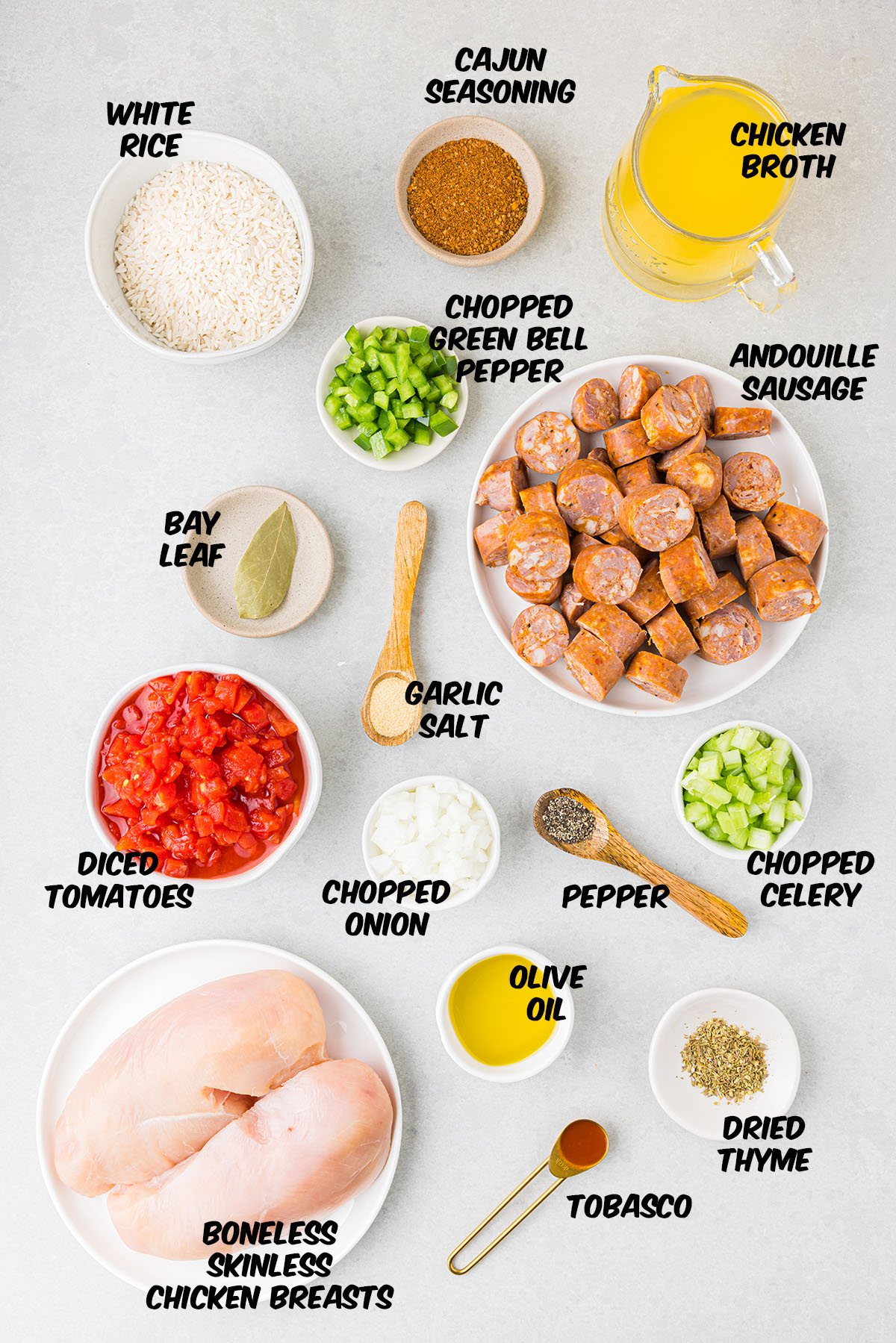 Creole Sausage Chicken Jambalaya ingredients on a counter