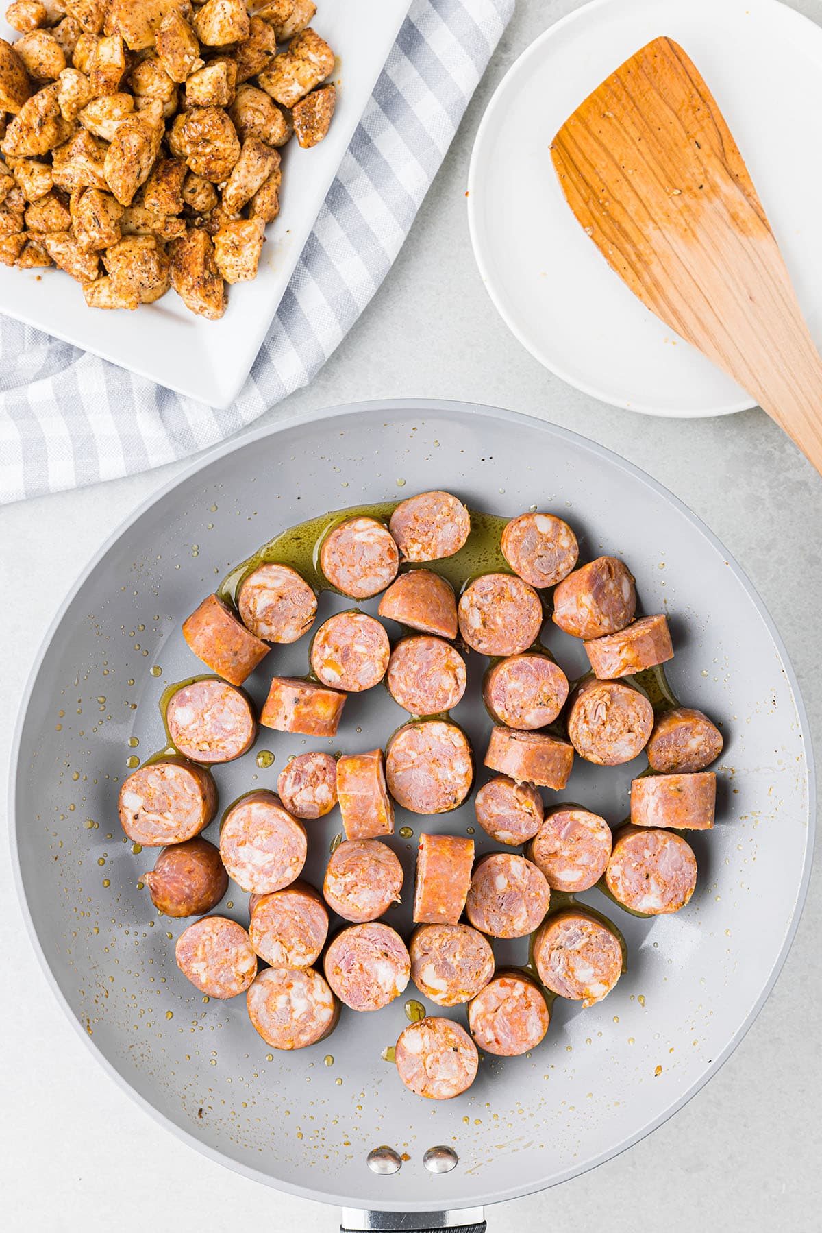 sliced sausage in a skillet