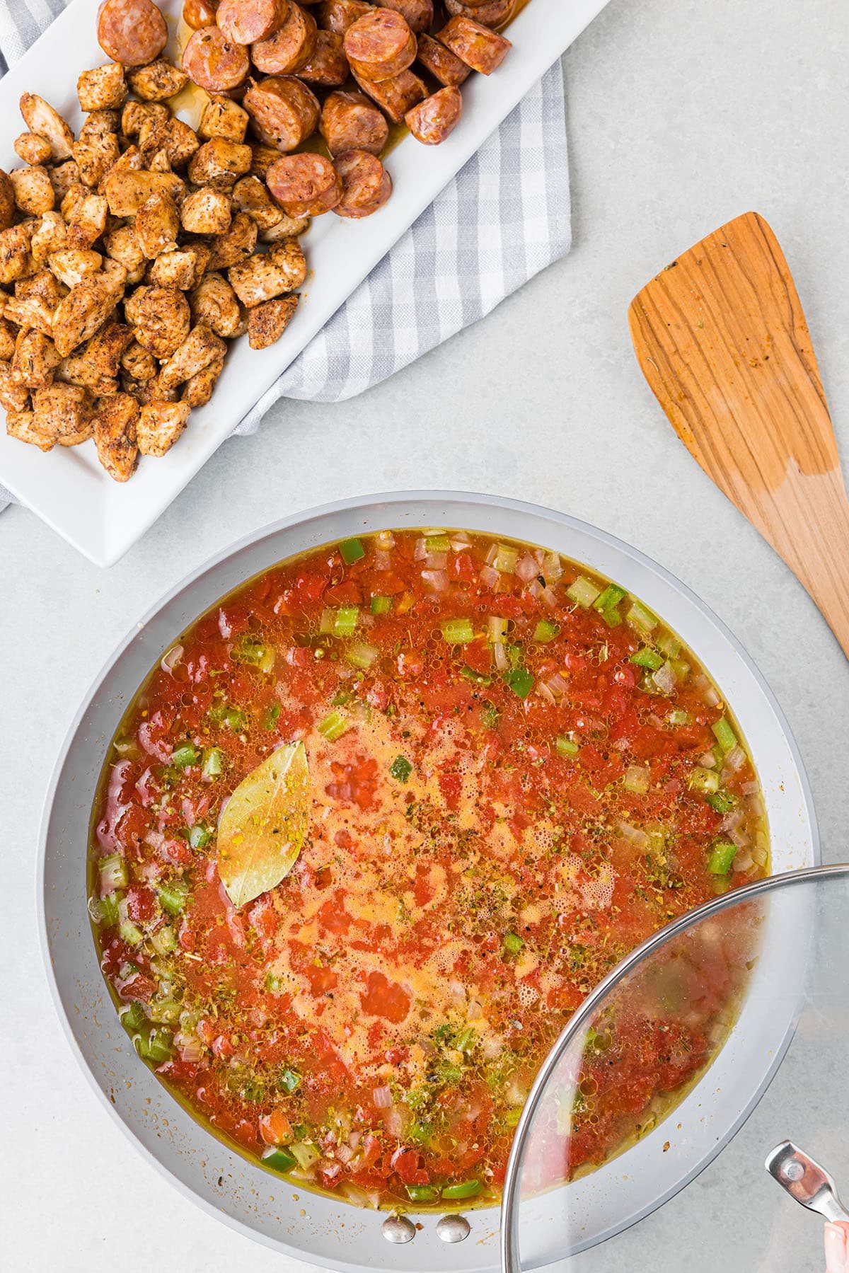 simmering jambalaya in a skillet