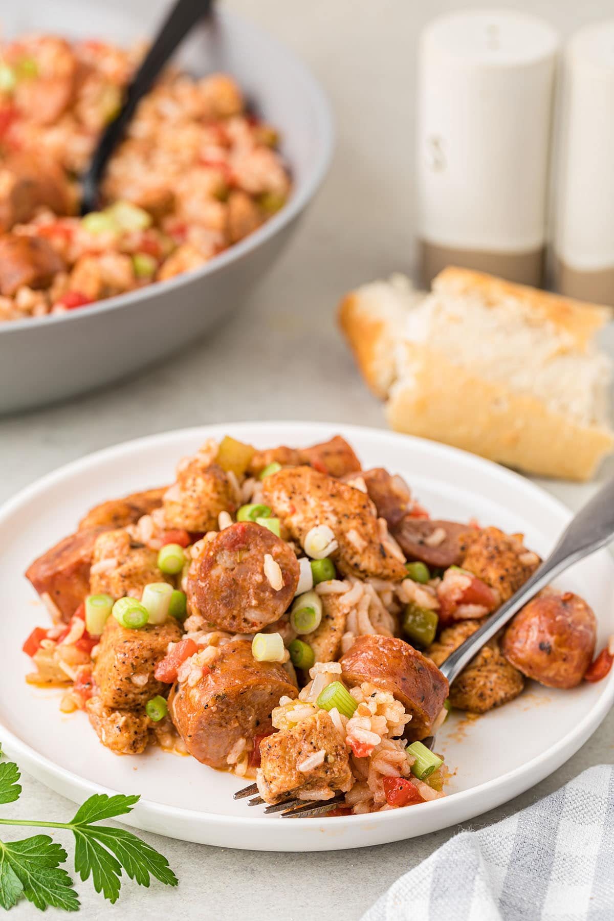 plate and skillet with jambalaya