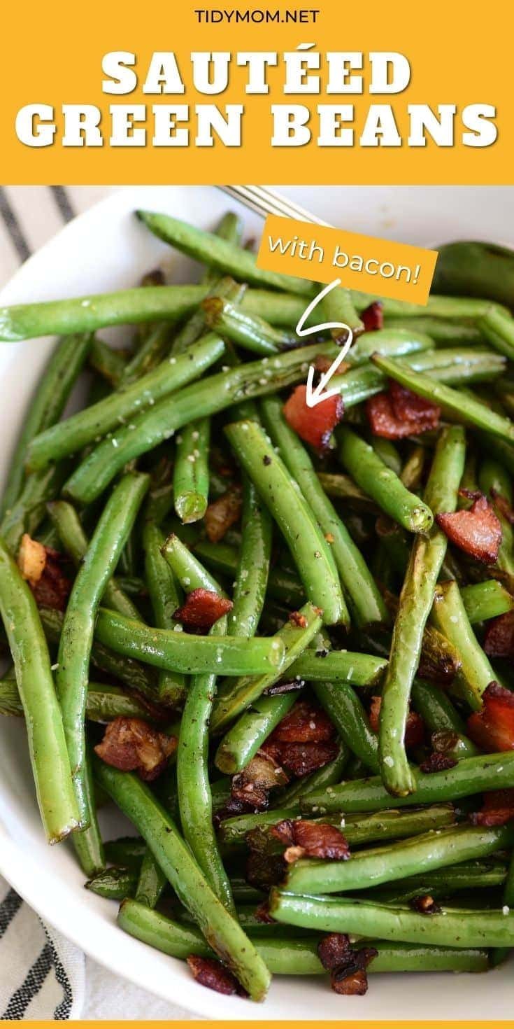 green beans with bacon in a white bowl