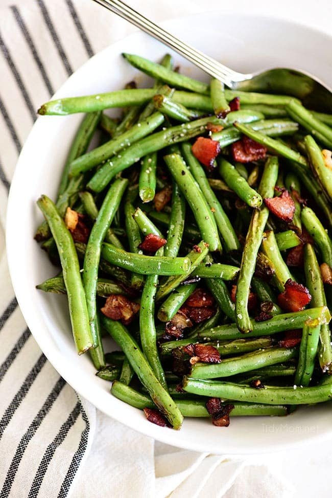 Sautéed Green Beans with bacon in a bowl