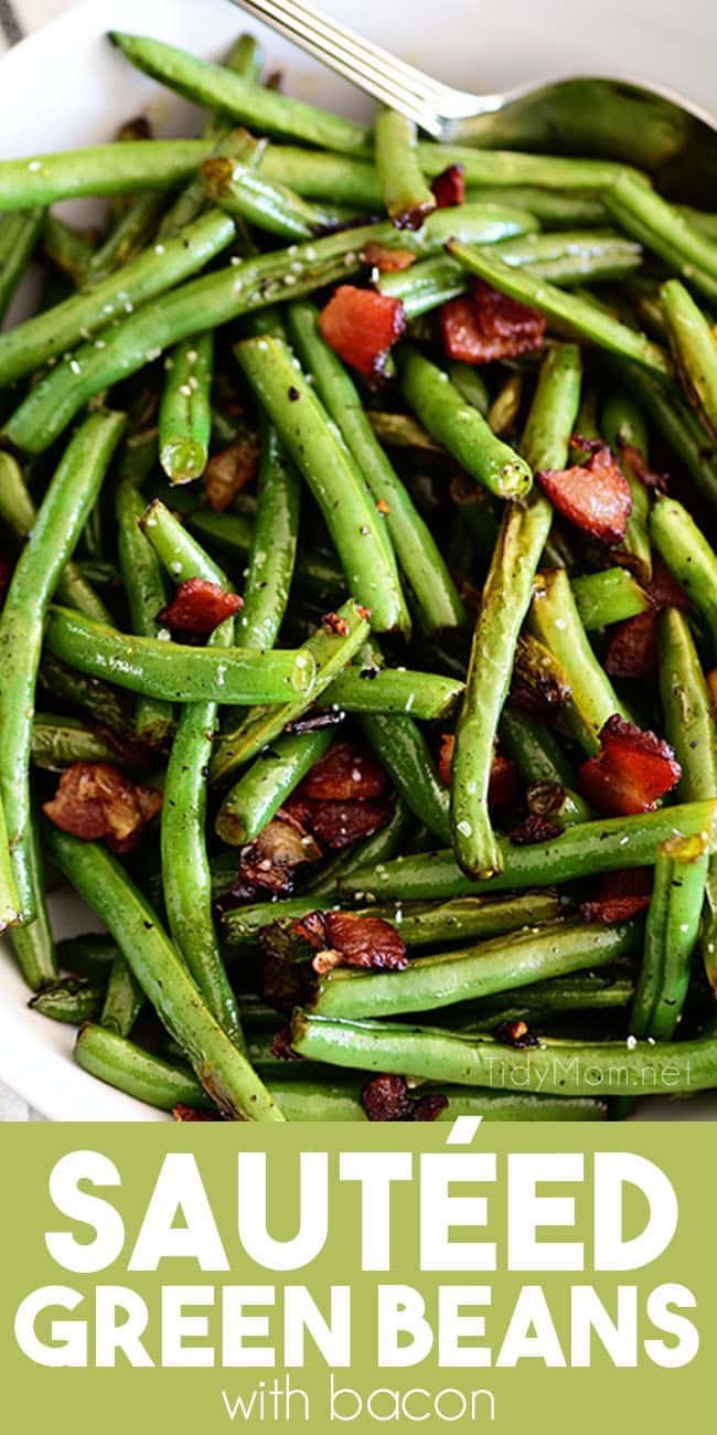 close up of Sautéed green beans with bacon