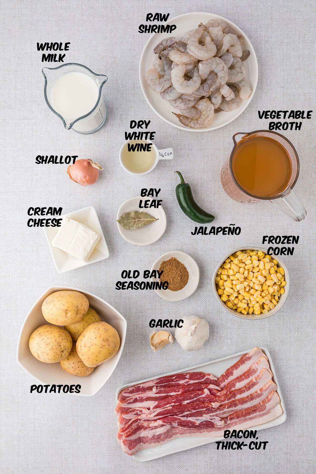 Ingredients for shrimp corn chowder on a counter
