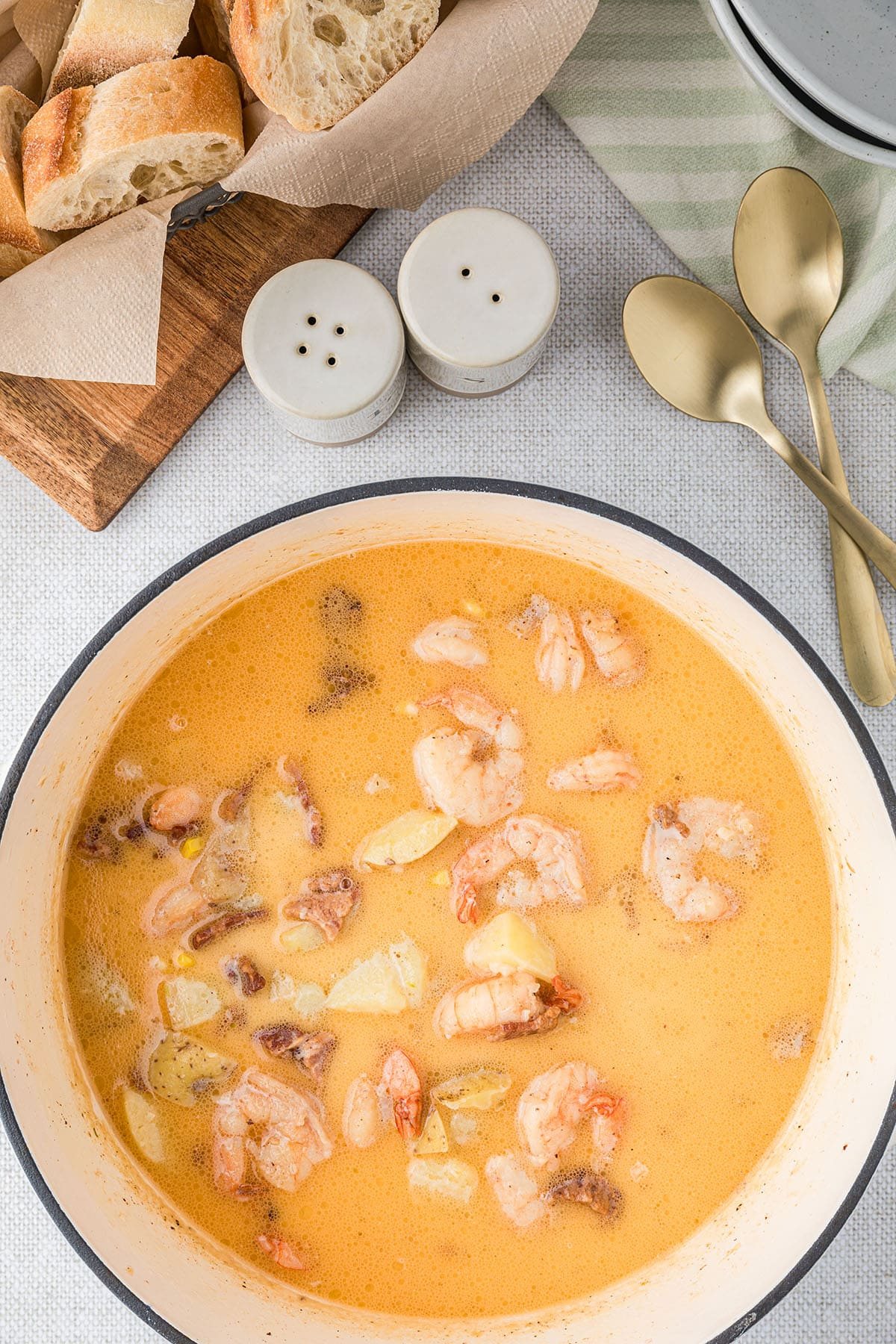 chowder in a Dutch Ovem with shrimp and bacon